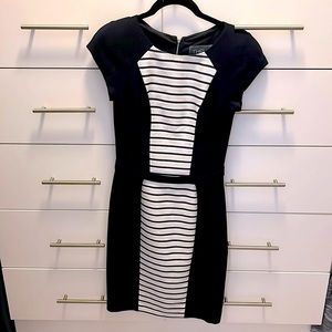 Theia Navy Silver Stripe Dress with Belt